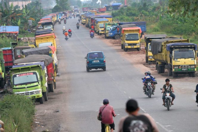 
 Truk batu bara antre menunggu giliran bongkar muatan di Pelabuhan Tri Sakti, Banjarmasin, Kalimantan Selatan, Kamis (12/2). Setiap hari sedikitnya 3.000 truk batu bara menggunakan jalan trans-Kalimantan menuju pelabuhan-pelabuhan batu bara di wilayah Kalimantan Selatan. *** Local Caption ***