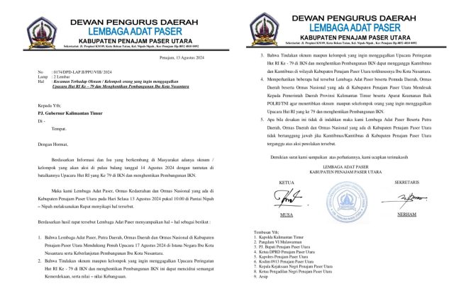 
 Surat Pernyataan Lembaga Adat Paser